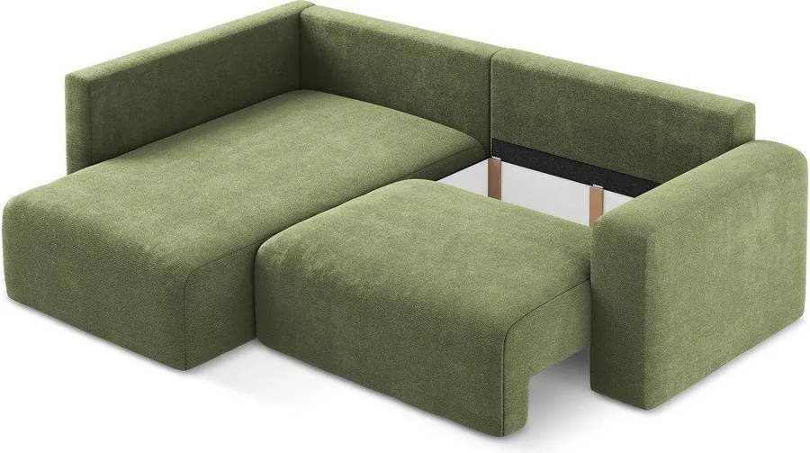 Zielony rozkładany narożnik ze schowkiem z tkaniny szenilowej (lewostronny/w kształcie litery L) Kona – Makamii