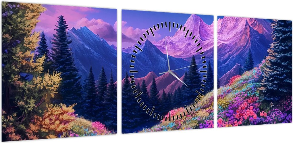 Obraz - Fioletowy krajobraz przy pełni księżyca (z zegarem) (90x30 cm)