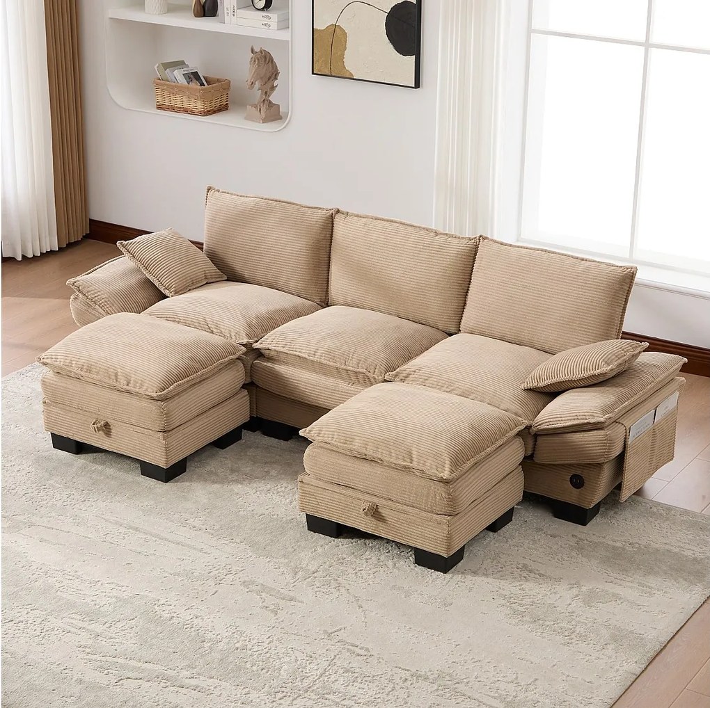 Zestaw wypoczynkowy z tkaniny sztruksowej 3-osobowy - 260 x 132 x 84 cm - z 2 pufami ze schowkiem + port USB + kieszenie - khaki