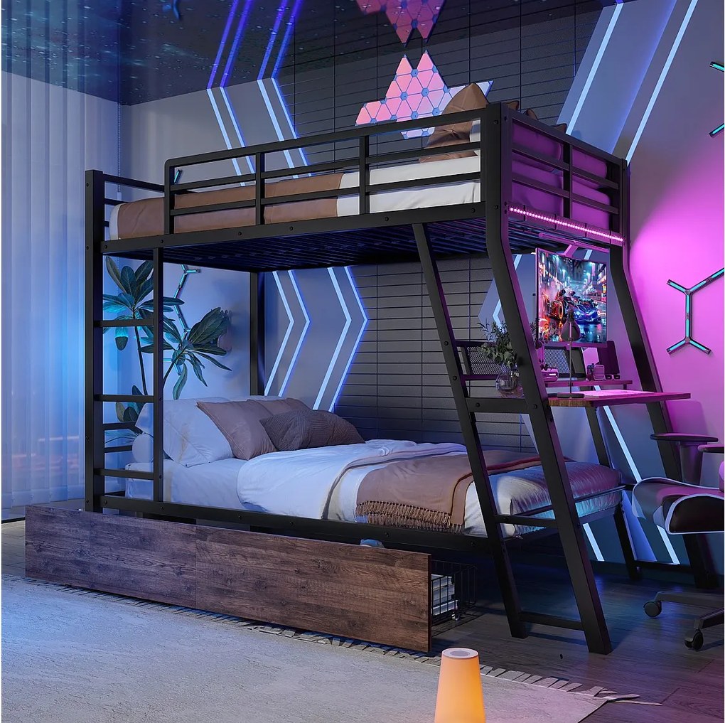 Łóżko piętrowe dla dzieci - 90 x 200 cm - rama żelazna - z diodami LED + 2 szuflady + biurko - Metal + MDF - czarne