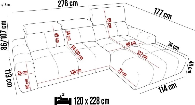 Narożnik ENZO S układ L z elektryczną regulacją siedziska z funkcją spania WERSAL