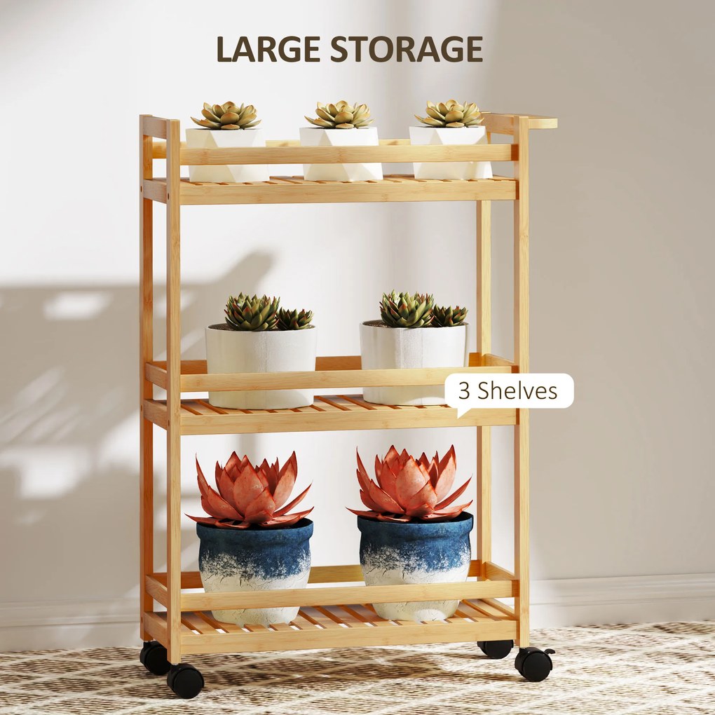 HOMCOM Wózek Serwisowy, 3 Poziomy, Półki Listwowe, Zabezpieczenie przed Wypadaniem, Bambus, 55 x 20 x 75 cm