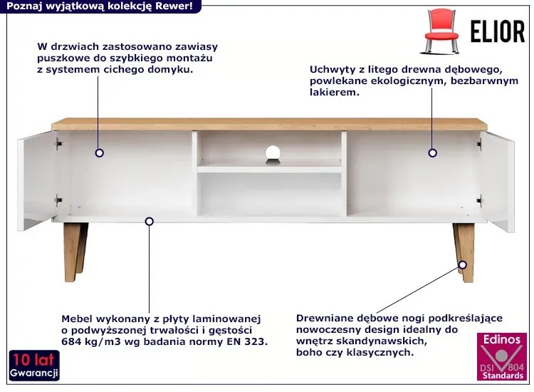 Skandynawska szafka RTV na dębowych nóżkach biały + hikora - Rewer 5X 120cm