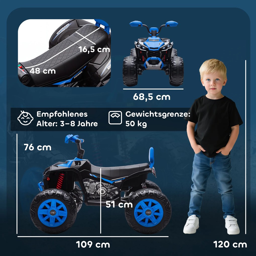 AIYAPLAY Elektryczny quad dla dzieci, pojazd 24V z 4 kołami, reflektory, port USB, funkcja MP3, 6,5 km/h, 3-8 lat