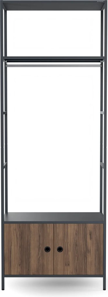 Regał biurowy otwarty z drążkiem na ubrania, do recepcji i poczekalni, metalowy, antracytowy/orzech, 800x2200x400 mm: ARIEL Eco Design