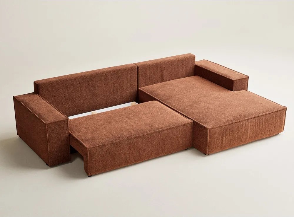 Rozkładany narożnik ze schowkiem z tkaniny szenilowej (prawostronny/z szezlongiem) w kolorze miedzi Maze – Maison de Rêve