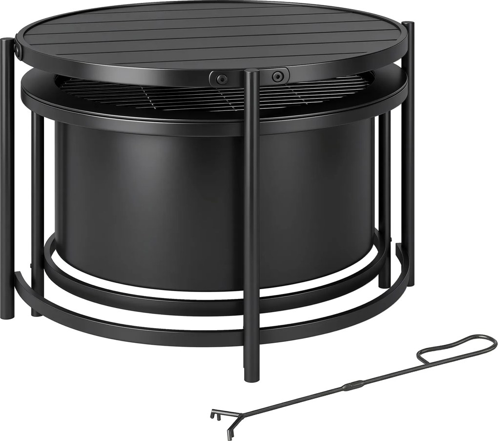 Outsunny Palenisko 66 x 63 x 41 cm Okrągłe miejsce na ognisko z rusztem, pogrzebaczem, pokrywą, stojakiem, czarne | Aosom PL