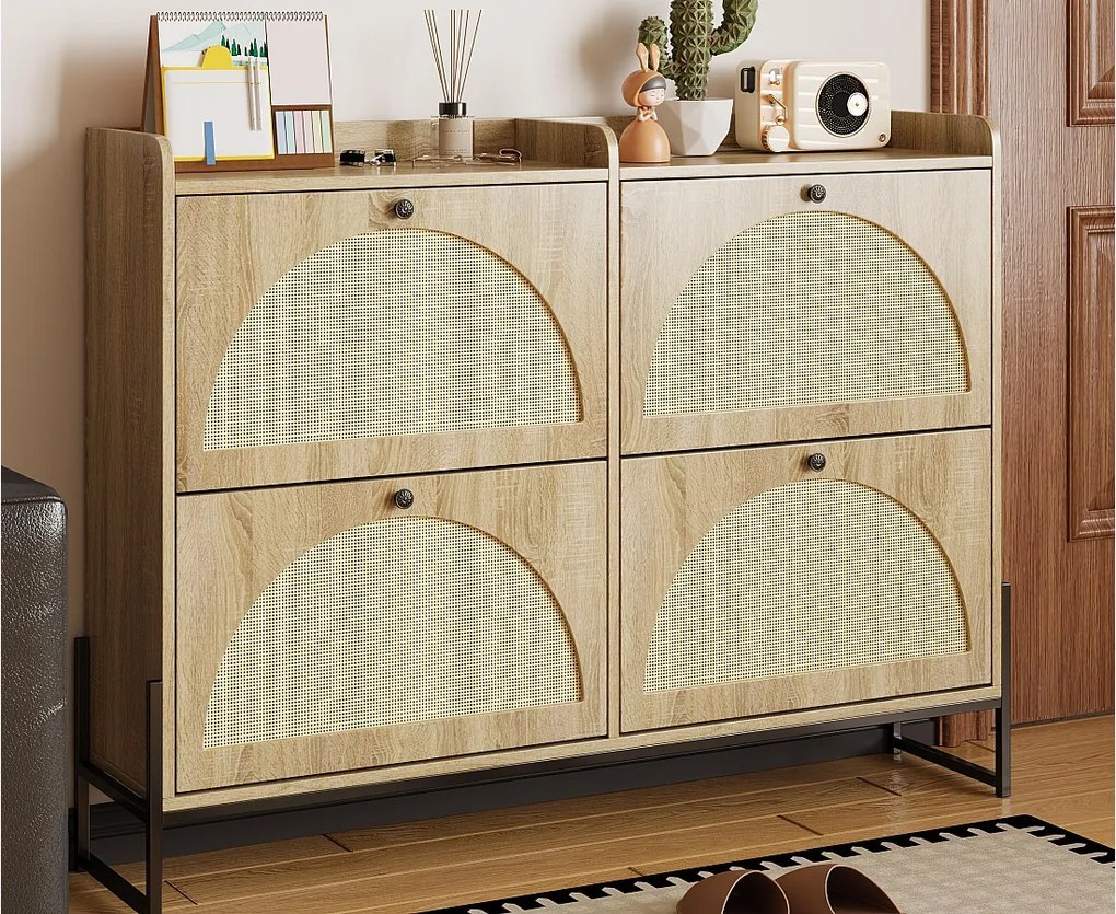 Szafa na buty 121×25×91,5 cm - z 4 drzwiami uchylnymi z rattanu - płyta wiórowa - naturalny