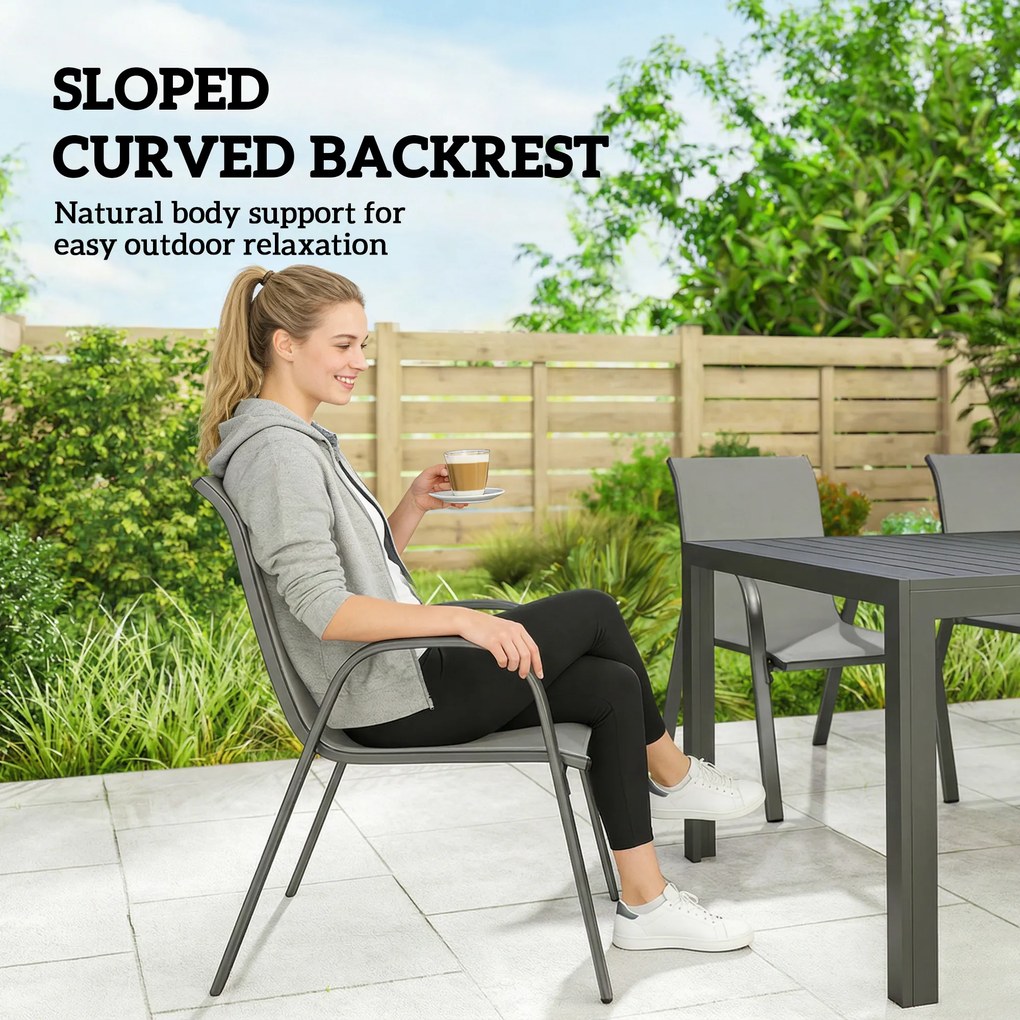Outsunny Zestaw mebli ogrodowych 7-cz. grupa wypoczynkowa stół z 6 oddychającymi krzesłami układanymi w stos, wzór lameli Jasnoszary | Aosom PL