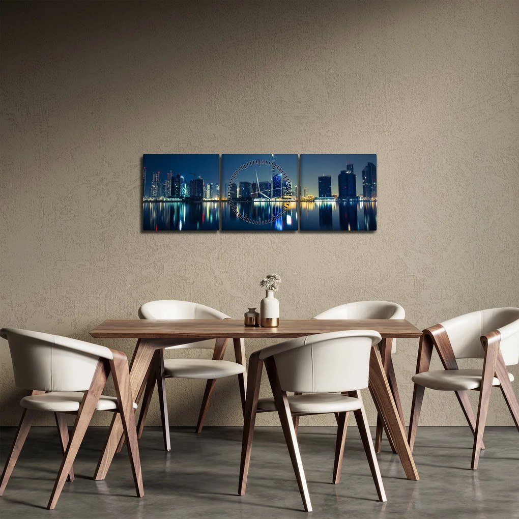 Obraz miasta nocą (z zegarem) (90x30 cm)