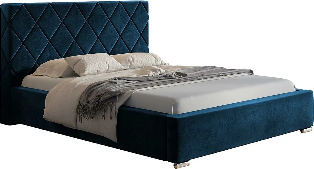 Emporius Aron łóżko tapicerowane 140x200 - pojemnik, tkanina aksamitna, nowoczesne łóżko dwuosobowe do sypialni - niebieski (Monolith 77)