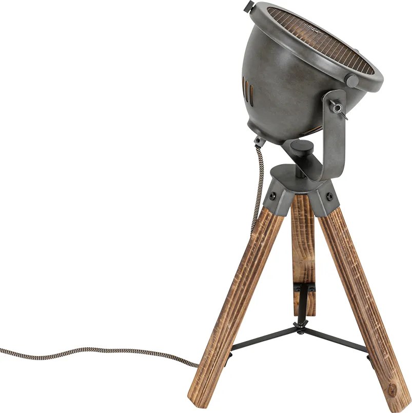 Industrialna lampa stołowa na trójnogu stalowa z drewnem, regulowana - Emado