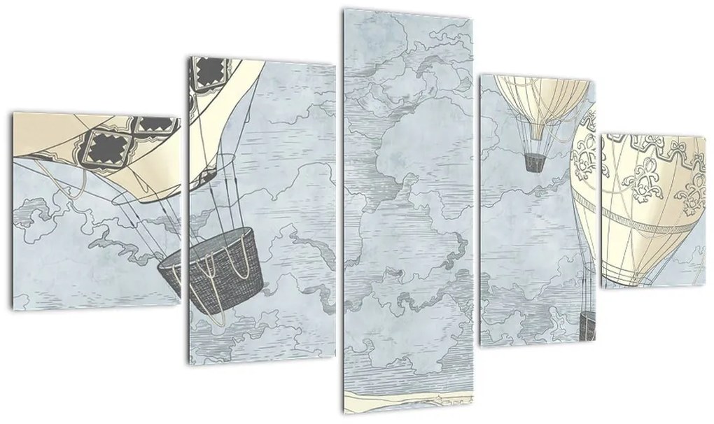 Obraz - Balony nad miastem, zimne odcienie (125x70 cm)
