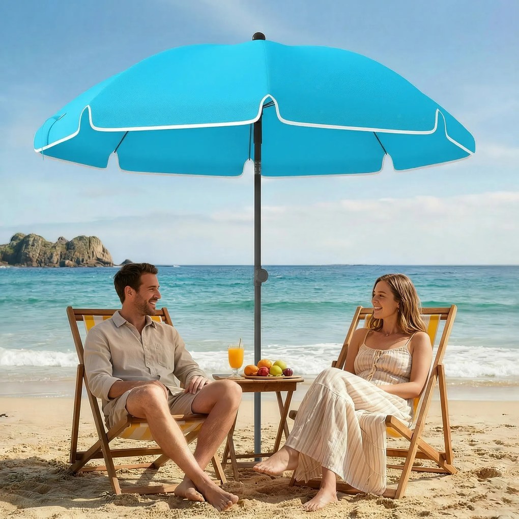 Outsunny Parasol plażowy Ø150 cm wodoodporny, składany parasol z kotwicą do piasku, regulowanym nachyleniem i torbą do przenoszenia, niebieski | Aosom PL