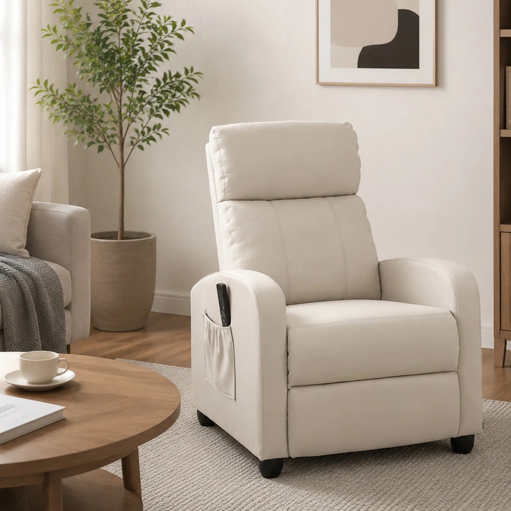 HOMCOM Fotel relaks fotel TV z wibracyjnym masażem, funkcja leżanki, 2 punkty masażu, pilot, 68 x 88 x 98 cm kremowy | Aosom PL