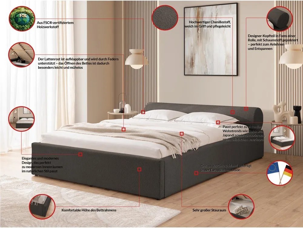 Ciemnoszare tapicerowane łóżko dwuosobowe ze schowkiem i stelażem 180x200 cm Cille – Ropez