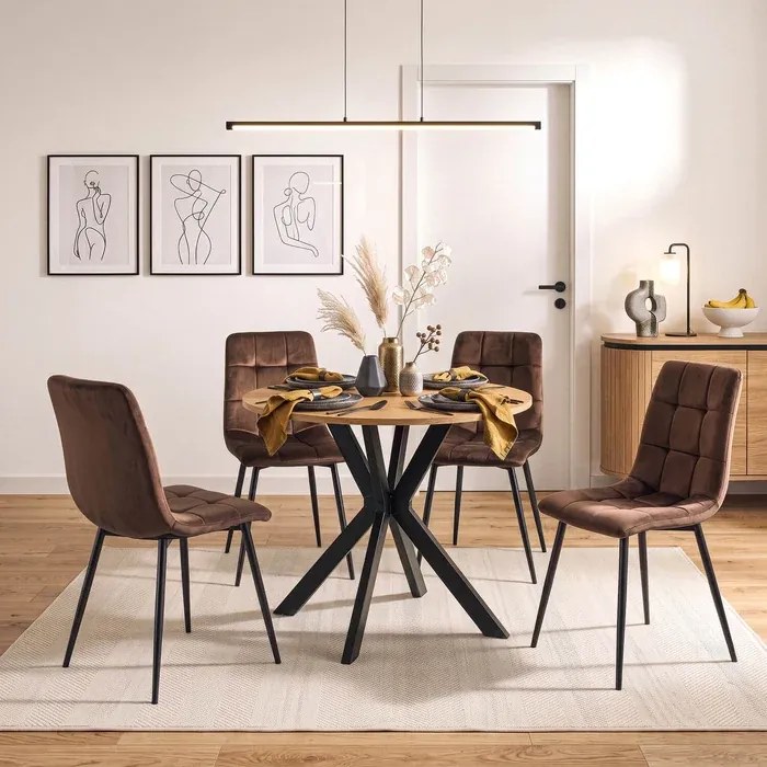 Zestaw Stół Okrągły LAUREN 90 cm Dąb Złoty/Czarny i 4 Krzesła PERU Brązowe