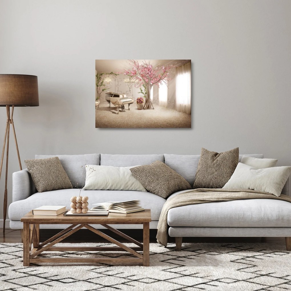 Obraz na szkle - Wymarzone wnętrze z fortepianem (70x50 cm)