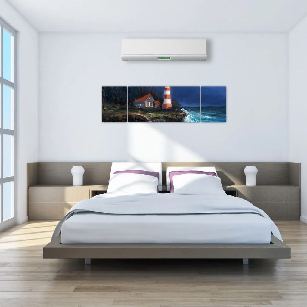 Obraz - Latarnia morska na brzegu oceanu, akwarela (170x50 cm)