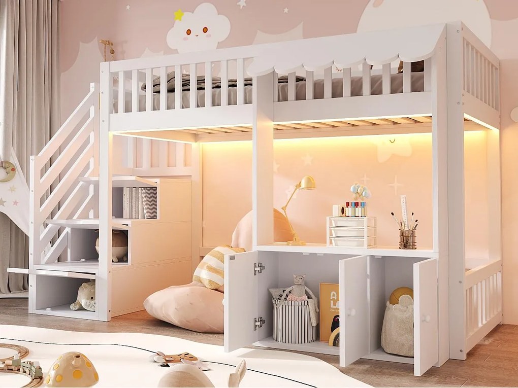Łóżko na antresoli drewniane 90x200cm - z szafą - drabina z pojemnikami - z oświetleniem LED - biały​ (materac nie jest wliczony w cenę)