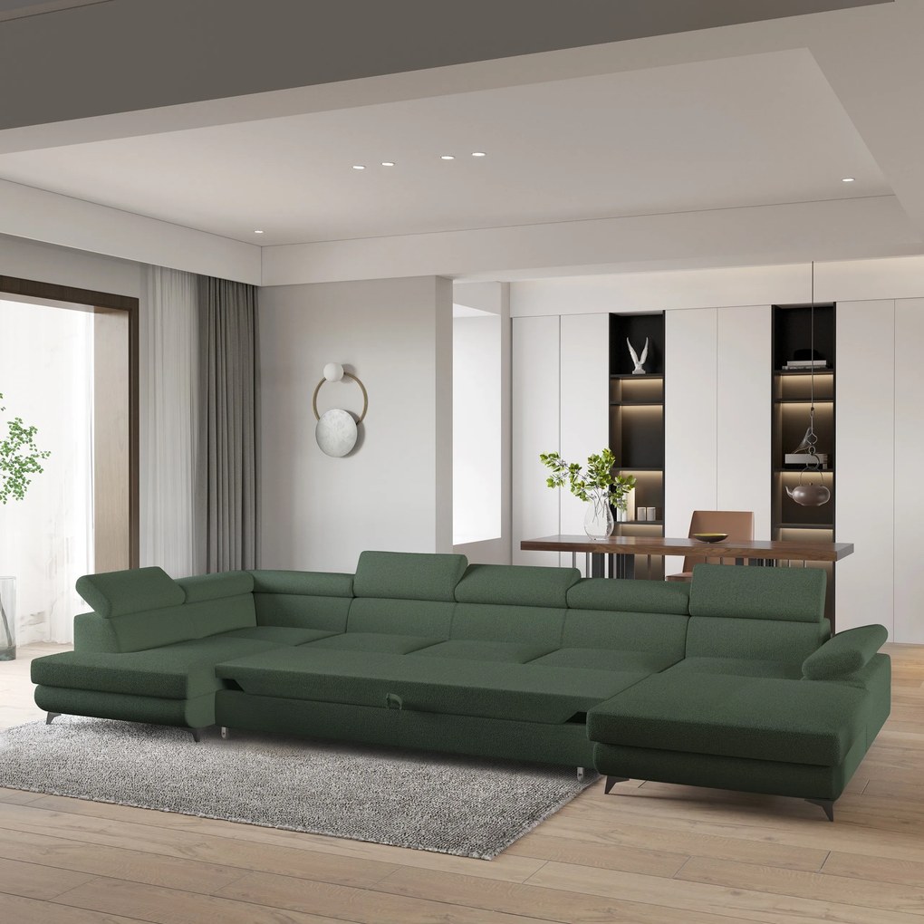 Masseno Narożnik MONTIVA z funkcją spania i pojemnikiem na pościel Narozniki U, Rozkładana sofa - Zielony, QUELLE 37
