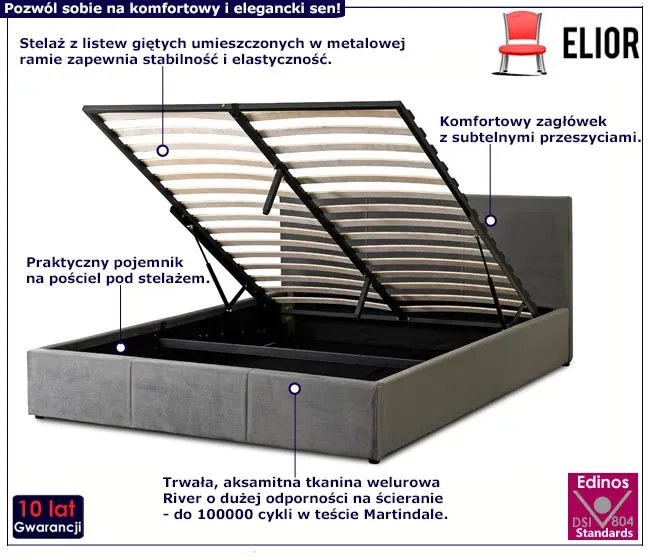 Szare tapicerowane łóżko z zagłówkiem 140x200 - Erto