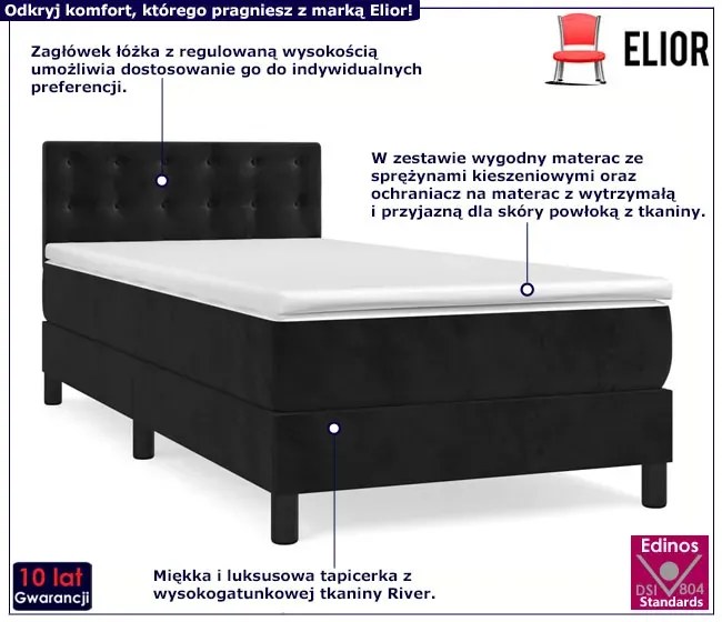 Czarne tapicerowane łóżko z zagłówkiem i materacem 90x200 - Lisila 4X
