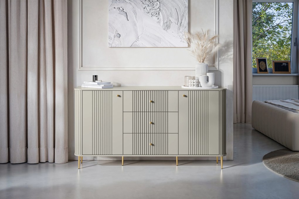 Komoda Vesper 160 cm z szufladami na nóżkach - kaszmir / złote nogi
