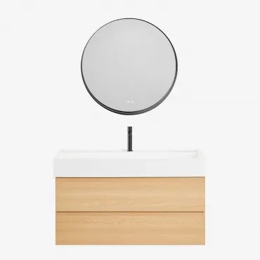 Zestaw Wiszących Mebli Łazienkowych Z Drewna I Forniru Jesionowego Zintegrowany Z Umywalką Ona Naturalna & Okrągła - Sklum