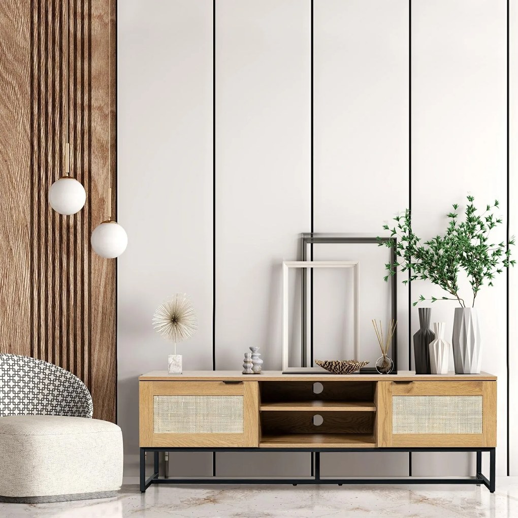 Loftowa szafka RTV w kolorze drewna Capri z naturalnym rattanem