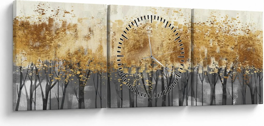 Obraz - Złote drzewa (z zegarem) (90x30 cm)