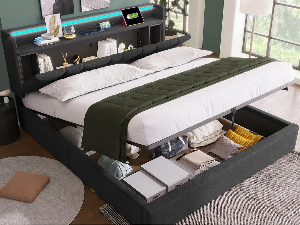 Tapicerowane łóżko z pojemnikiem 140x190cm - z LED i portami ładowania - tkanina lniana - z stelażem lamelowym - Szary​ (bez materaca)