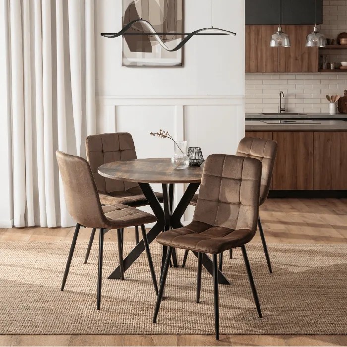 Zestaw Stół Okrągły LAUREN 80 cm Dąb Rustykalny/Czarny i 4 Krzesła PERU Brązowe Welurowe