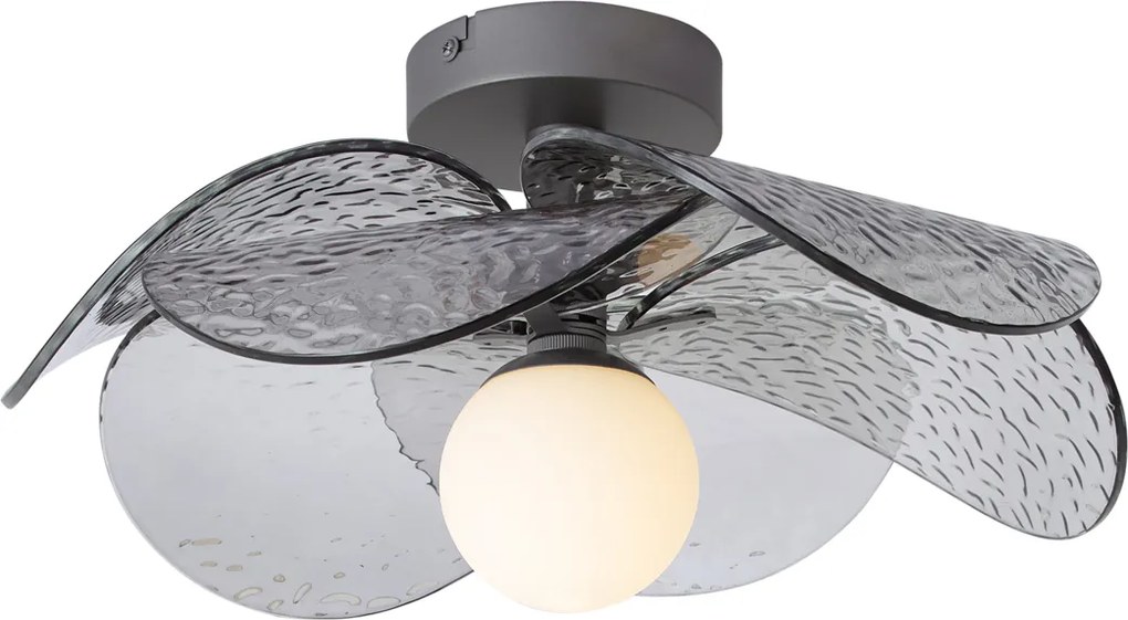 Designerska lampa sufitowa srebrna z przydymionym, żebrowanym szkłem - Kemner