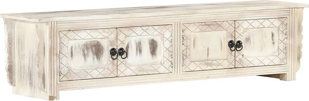 Rustykalna biała szafka RTV 140x30x35 cm z litego drewna mango z 4 drzwiami i miejscem do przechowywania