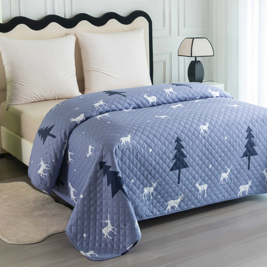 Narzuta na łóżko DEER AND TREE szaroniebieska Rozmiar: 220 x 240 cm