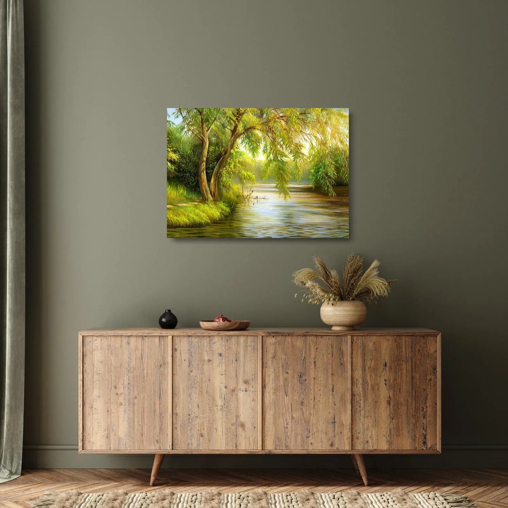 Obraz na szkle - Wierzba nad jeziorem, obraz olejny (70x50 cm)