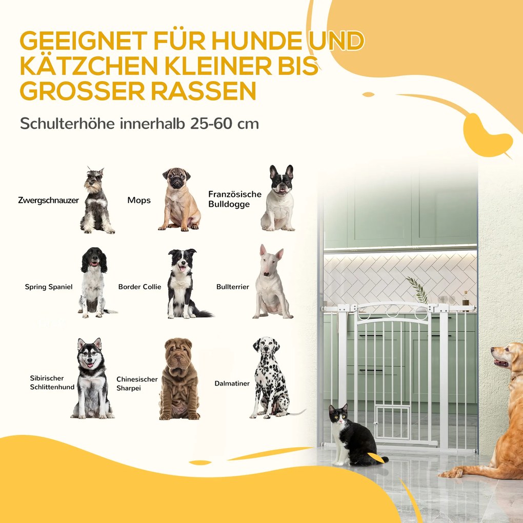 PawHut Brama dla Zwierząt Domowych, 96 cm Barierka na Schody, Regulowana Szerokość 76-104 cm, z Drzwiczkami dla Kota, na Schody i Przejścia Drzwiowe, Biały