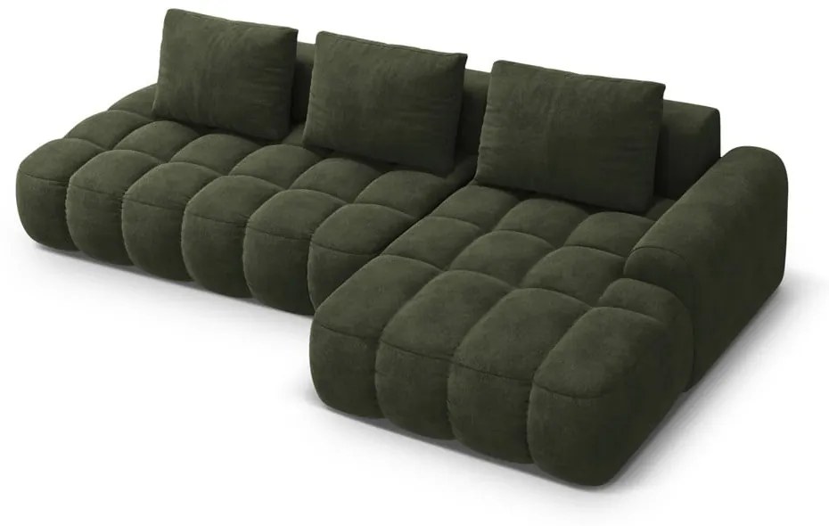 Zielony aksamitny rozkładany/ze schowkiem narożnik (prawostronny/z szezlongiem) Linz – Cosmopolitan Design