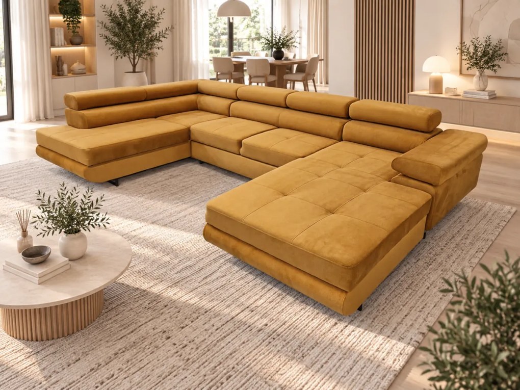 Duża sofa narożna z regulowanymi zagłówkami i pojemnikiem na pościel, złoty/musztardowy, Aspen U, lewy