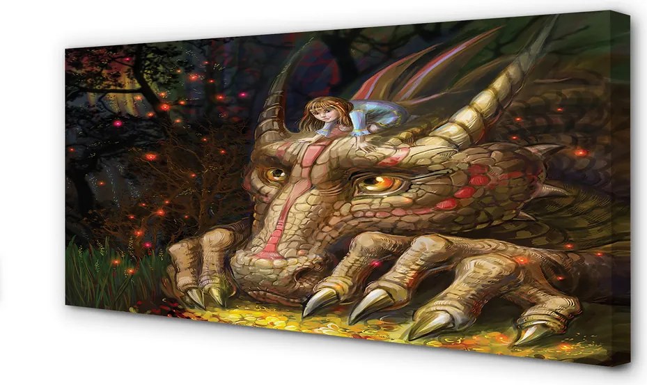 Obraz na płótnie Głowa Smoka i Dziewczynka w Lesie