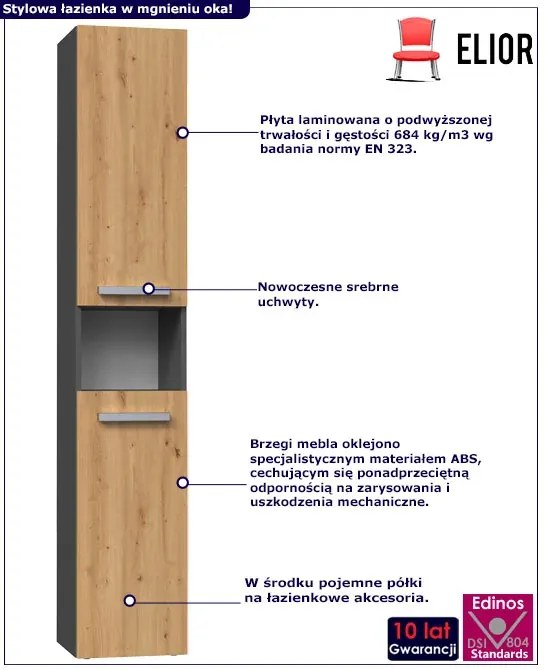 Industrialny słupek łazienkowy dąb artisan antracyt - zestaw 3X