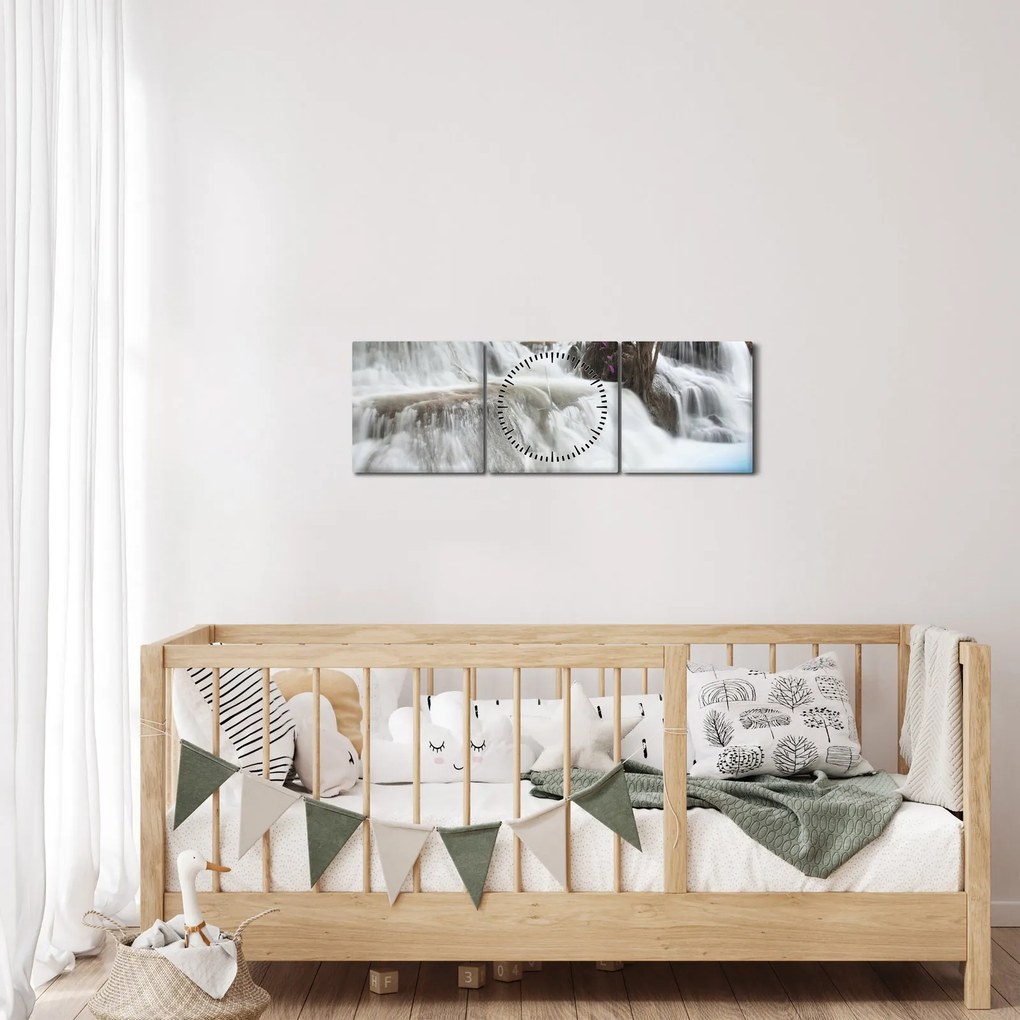 Obraz wodospadu Erawan w lesie (z zegarem) (90x30 cm)
