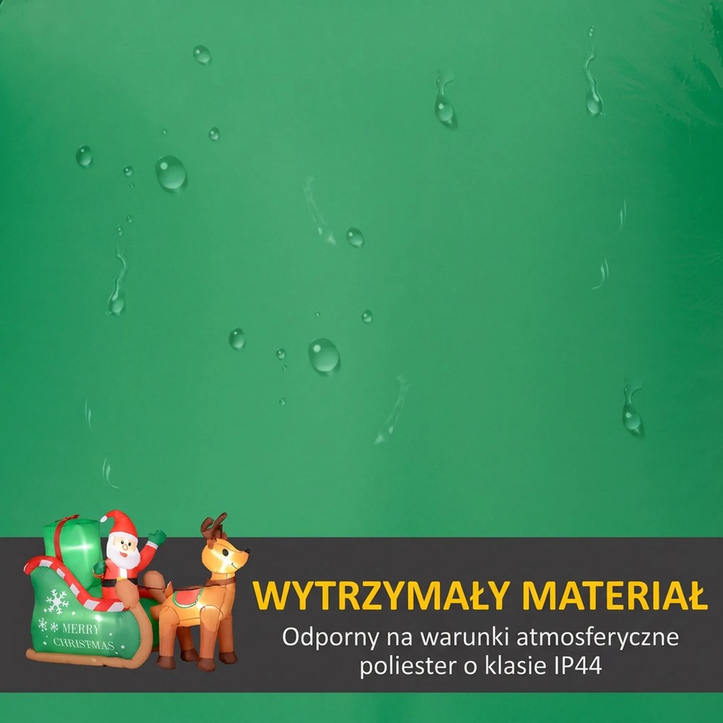 Outsunny Mikołaj na saneczkach z reniferem, dmuchany, z białym oświetleniem LED, 210 x 80 x 140 cm