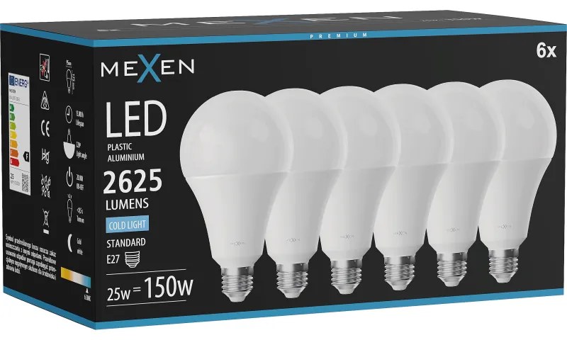 Mexen Nova 6x żarówka LED E27, A95, 25W, Zimna - 6500K, 2625 lm - L100-E27-2565-01x06