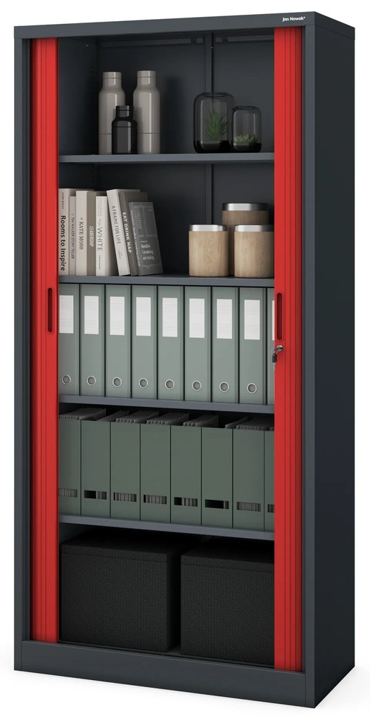 Metalowa szafa biurowa na akta z roletą DAMIAN, 900 x 1850 x 450 mm, antracytowo-czerwona