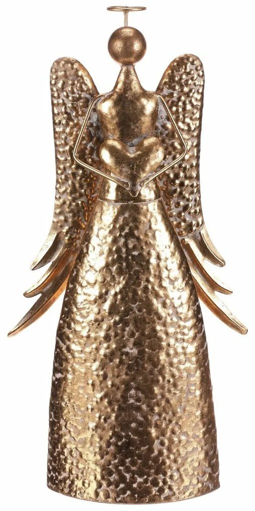 Świąteczna metalowa dekoracja Anioł 42 cm zsercem, złota, 42 cm
