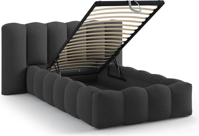 Antracytowe tapicerowane łóżko jednoosobowe ze schowkiem i stelażem 90x200 cm Lupine – Micadoni