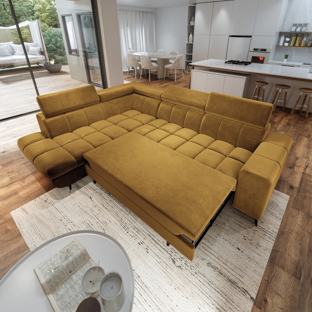 Masseno Narożnik MORIVA z funkcją spania i pojemnikiem na pościel Narozniki L, Rozkładana sofa - Żółty, MONOLITH 48