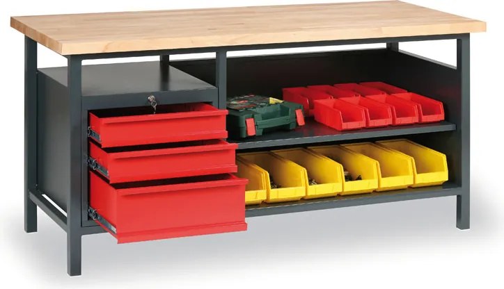 Warsztatowy stół roboczy GD, bukowa deska warstwowa, 3 szuflady, 1 półka, 1700 x 685 x 850 mm, grafitowy / czerwony